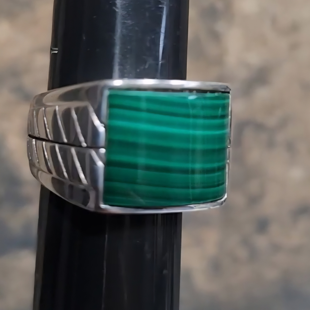Malachite Green Stone Sterling Silver Ring Size 10.5 Chunky Vintage Jewelry